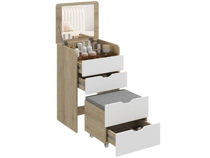 Coiffeuse avec Miroir et Tabouret 3 en 1 2 tiroirs Chêne et Blanc