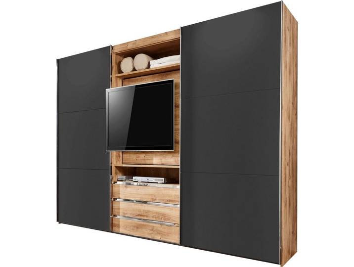 fresh to go Schwebetürenschrank Magic, drehbares TV-Element, 5 Einlegeböden, 3 Schubladen, beige