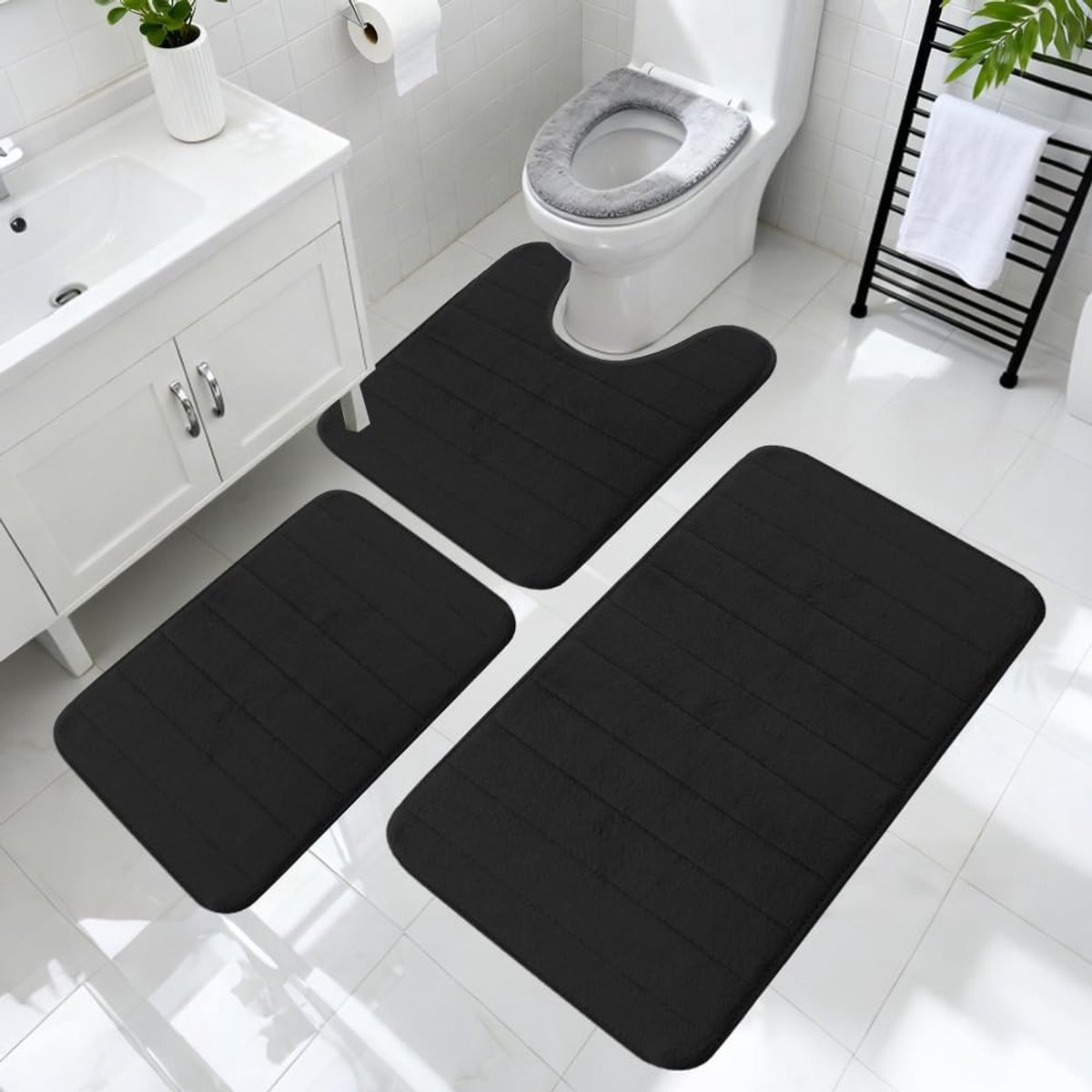 SnelShoppen 3-delige badkamertapijtenset met traagschuim, antislip en wasbaar, modern design