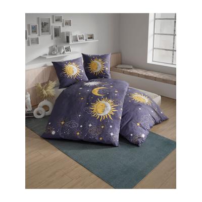 Bettwäsche WÄSCHEPUR Gr. 3, lila (marine, ocker, bedruckt), B/L: 155cm x 220cm, Feinbiber, B/L: 80cm x 80cm, 2, Feinbiber, 100% Baumwolle, Bettwäsche, Bettwäsche