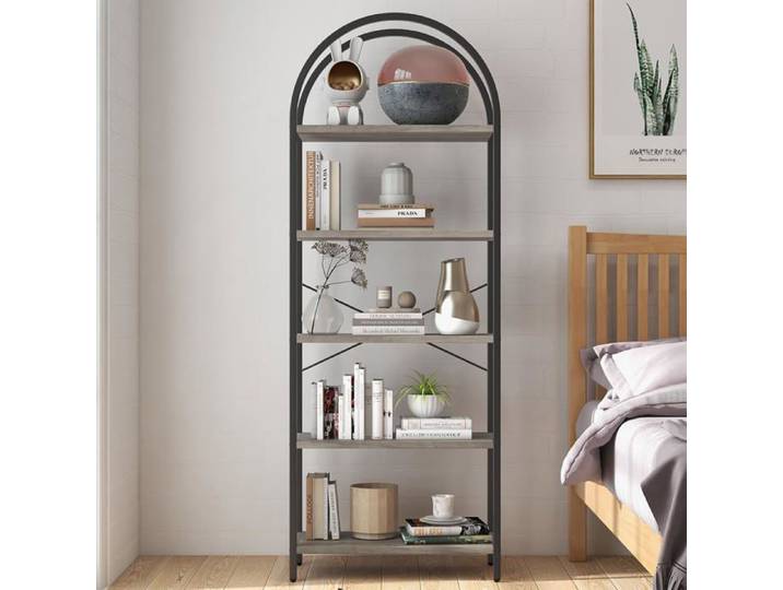 Bibliothèque arquée - LUNSY - 5 niveaux - 60x28x180 cm - Style industriel - Gris - Grande capacité de rangement