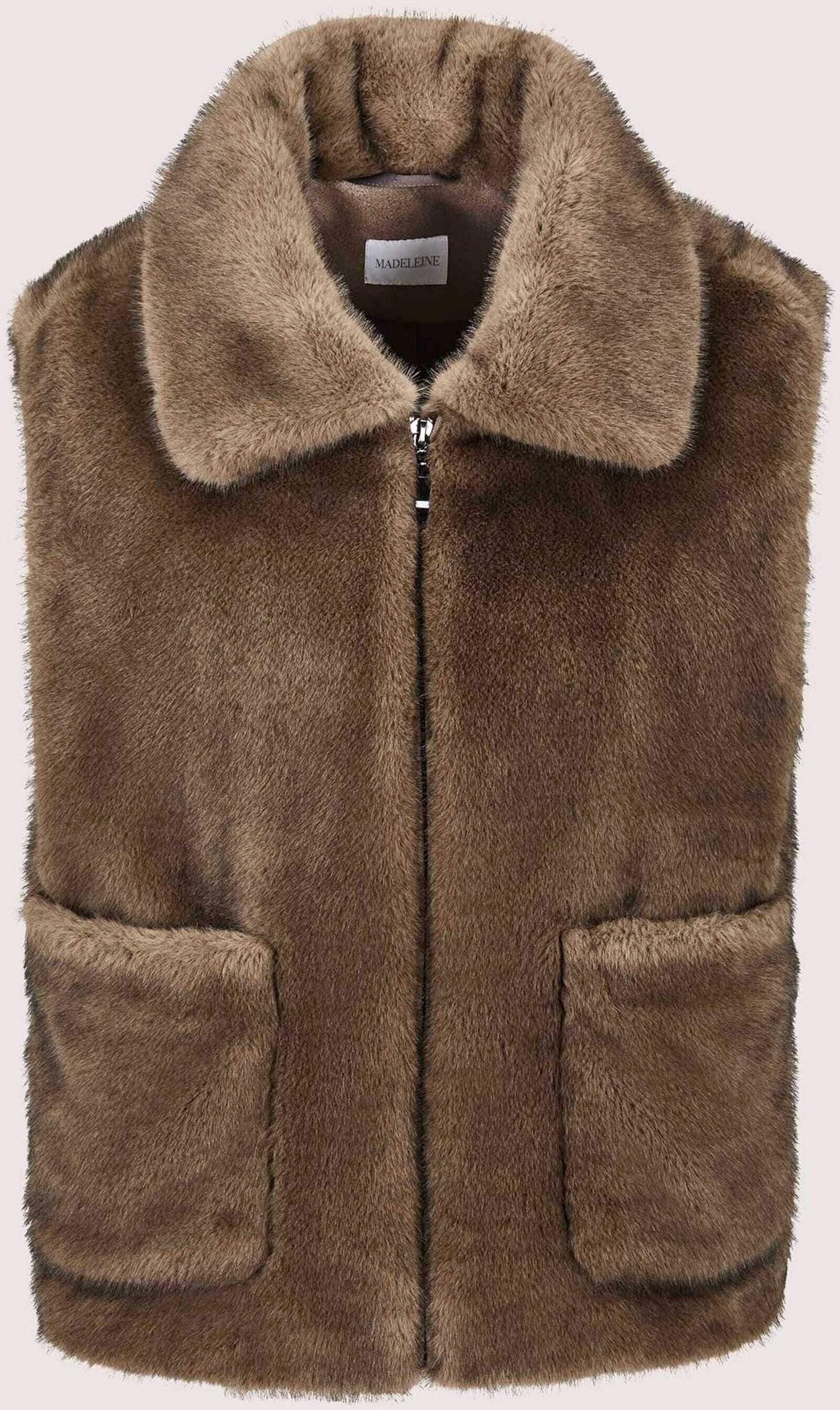 Kurzweste MADELEINE "Weste Webpelz-Weste mit Reißverschluss", Damen, Gr. 48, braun (trüffelbraun), Modern, regular fit, hoch geschlossener Ausschnitt, Westen Kurzweste