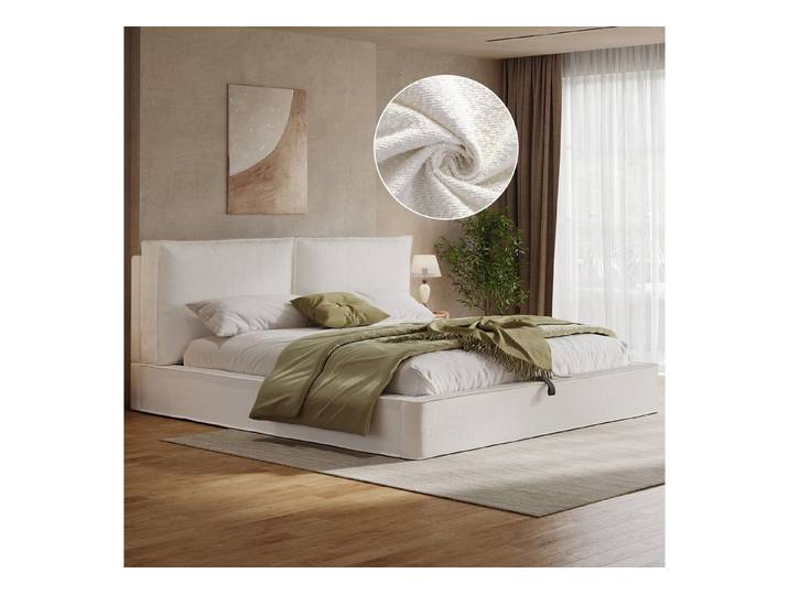 MODFU Polsterbett Komfortbett für aufgeräumte Räume (Packung, Beige, Bouclé, 180x200 cm, ohne Matratze), Funktionsbett mit Hydraulikstauraum