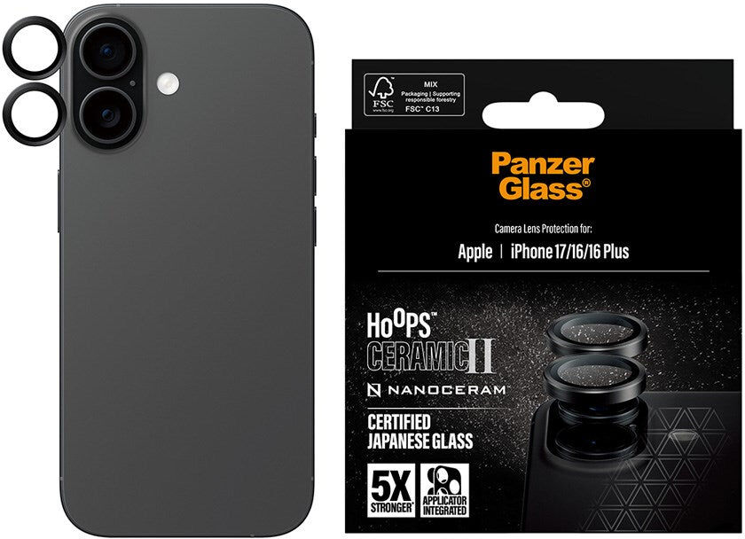 iPhone 17 / 16 / 16 Plus PanzerGlass Ceramic Hoops Kamerabeskyttelsesglas inkl. Installationsramme - Sort
