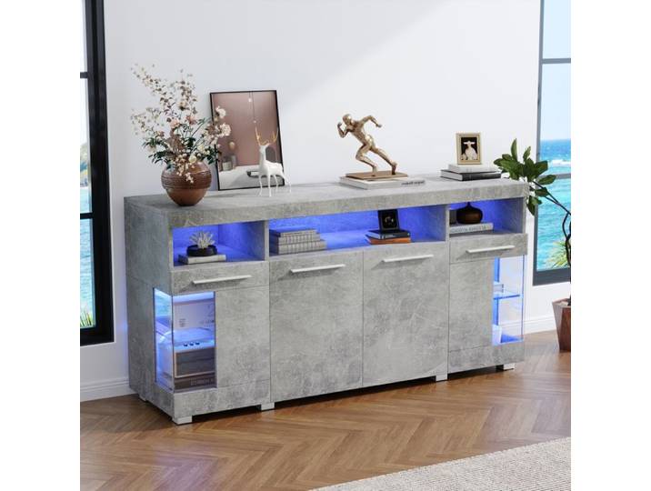 Buffet bas - ZEVKOR - Gris Ciment 140×40×70 - LED intégré - Verre trempé - 3 compartiments