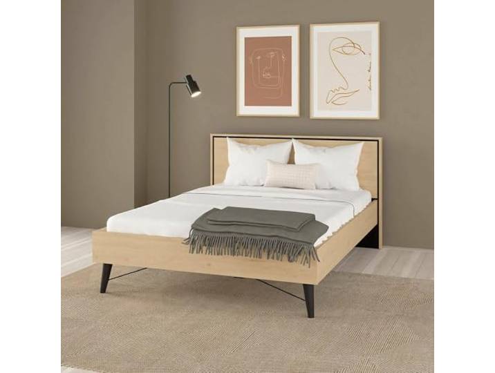 Dmora - Doppelbett Dalee, Struktur des Lagerbetts, Sommier mit Abdeckung, Bettrahmen aus Stoff, 206x153 h91 cm, helle Eiche