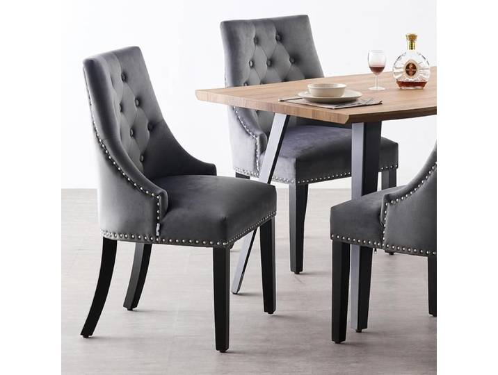 Set of 2 velvet dining chairs with backrests – Designer style wooden legs – Dining room and living room