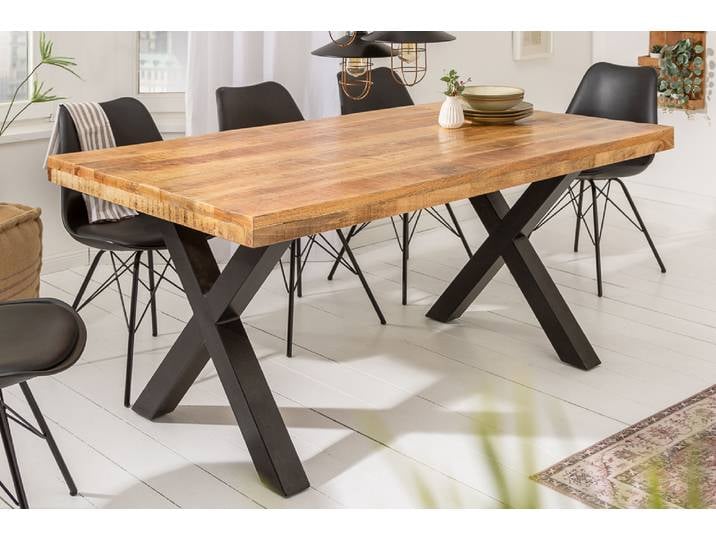 Massiver Esstisch IRON CRAFT 160cm natur Mangoholz schwarzes X-Gestell Metall rechteckig Esszimmertisch 6 Personen