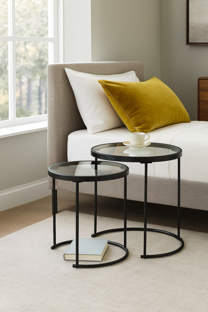 Canora Grey Middlewich Glass Top Frame Round Nesting Side Tables Brown/Clear Glass 50cm H X 49cm W X 70cm D