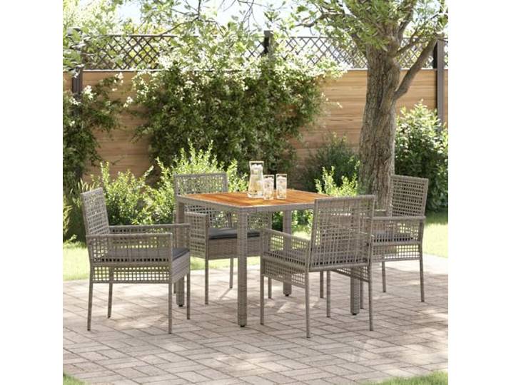HEFZGDB Modernes Garten Esszimmer Set mit Quadratischem Akazienholz Tisch und 4 Grauen Rattan Stühlen für Terrasse und Balkon, Wetterfestes Outdoor Möbel Set mit Bequemen Sitzflächen