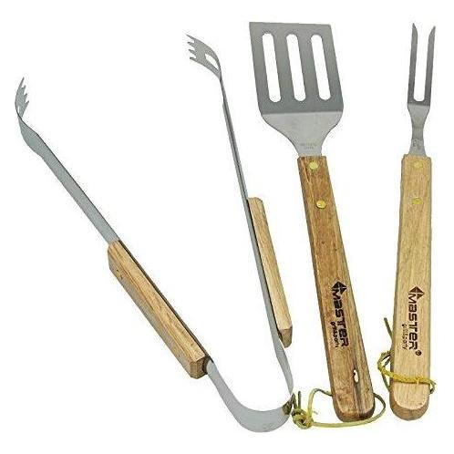 Master 4U-Onlinehandel 3tlg Grillbesteck Set Grillset Edelstahl Barbecue Grillwender Grillzange Fleischgabe (MG110)
