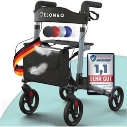 ELONEO Rollator faltbar und leicht mit Sitz, Leichtgewicht-Reiserollator aus Aluminium, Gehhilfe 8-fach höhenverstellbar, Laufhilfe 3-fach faltbar für Kofferraum, Tasche & Schirmhalter Anthrazit