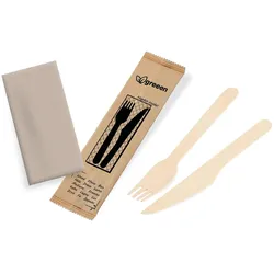 Besteckset (aus Holz FSC 100%) Messer-Gabel+Serviette [60 Sets]
