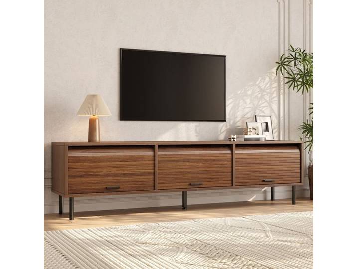 Meuble TV 180x40x55cm avec 3 Tiroirs noires pieds en métal noir Meuble Bas Meuble De Salon Noyer