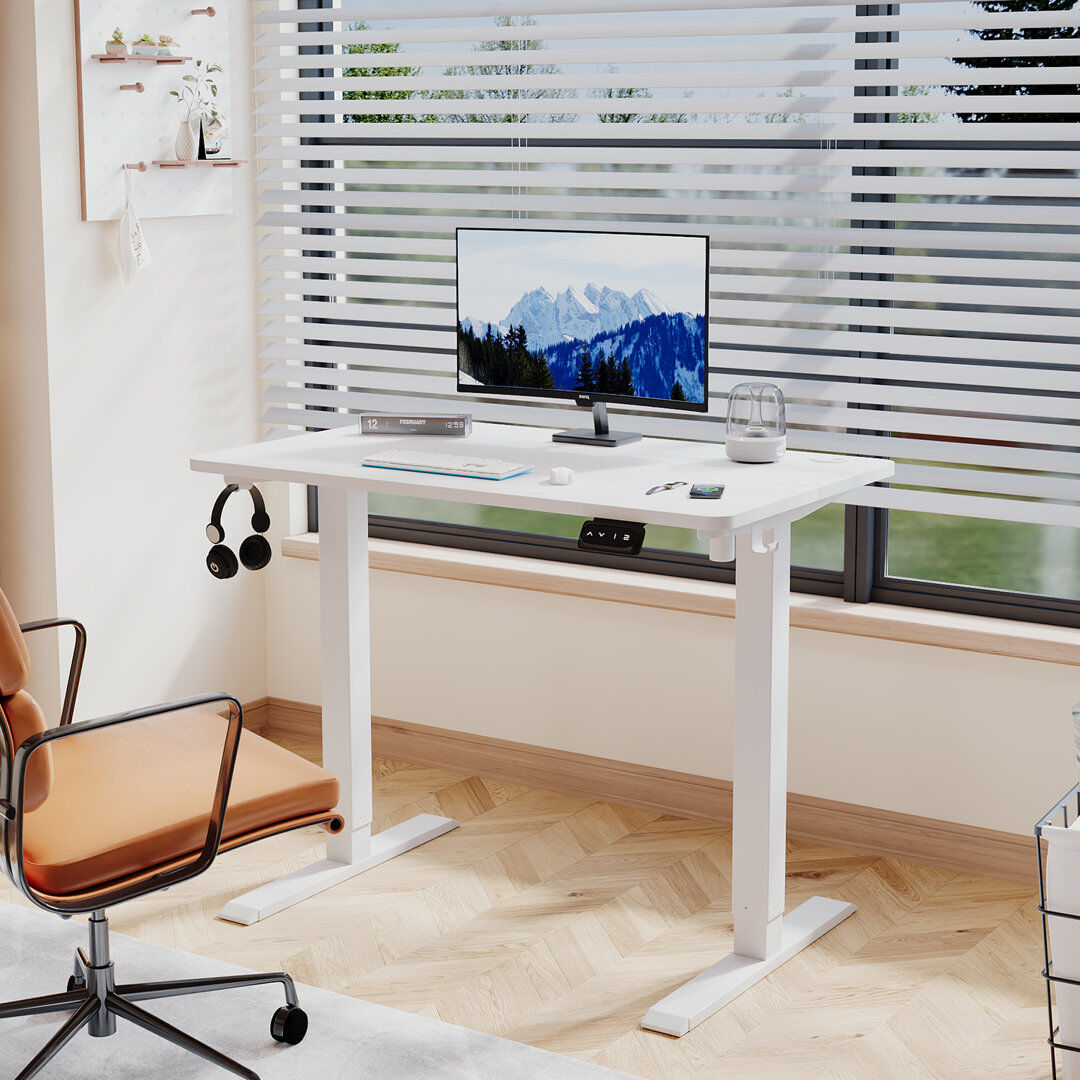 Zipcode Design Hieronymus Electric Adjustable T-Shape Standing Desk Home Desk With Backpack Hook And Memory Smart Pannel White 100cm W x 60cm D