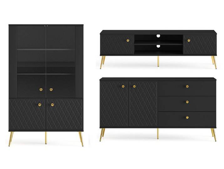 Feldmann-Wohnen Wohnwand Eljot, (1 Vitrine, 1 Lowboard, 1 Sideboard, 3-St., Griffe und Füße aus Metall in Goldfarben, mit 3D-Karo-Optik), 3-teilig Schwarz / Goldfarben