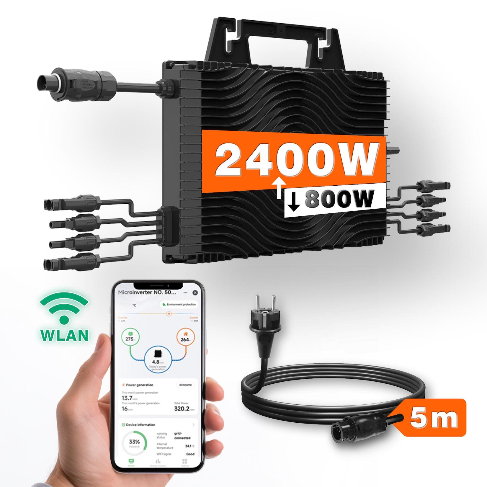2400W Mikrowechselrichter Set mit 5m Kabel, für 4 Module, WLAN & Bluetooth, einstellbare Leistung 800W