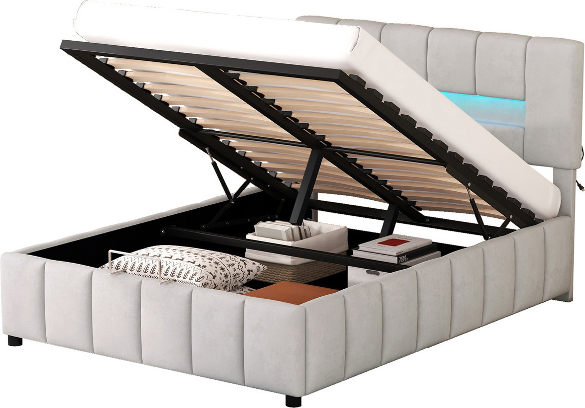 Doppelbett(180x200cm,Grau)Polsterbett,Familienbett,Plattformbett mit LED-Beleuchtung,Modernes Bettgestell mit Stauraum