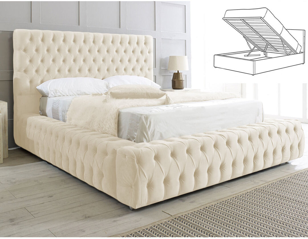 Britainsleep Elite Elegance Ambassador Ottoman Storage Bed - Premium Upholstered Velvet Bed Frame with Tall Headboard Cream Double (4'6)