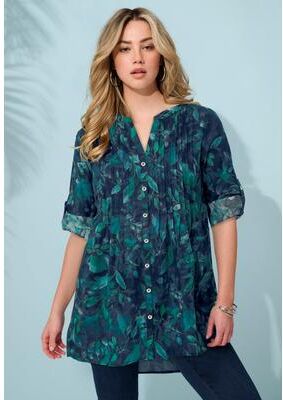 Plus Size Women's Plus Size Floral Y-Neck Pintuck Tunic - Adjustable Long Sleeve Button-Front, Relaxed Shirt Style by Roaman's in Teal Petunias Flora