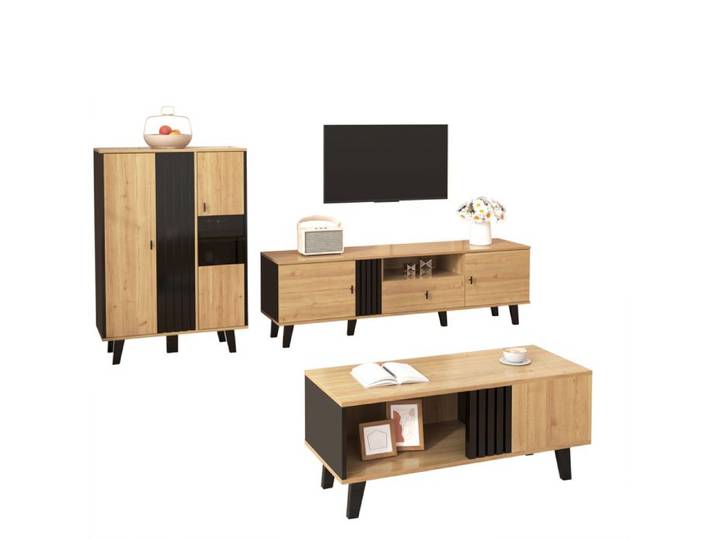 Merax Ensemble Meuble de Salon - 3 Pièces - Meuble TV - Table Basse - Buffet de Salon - Bois Naturel et Noir