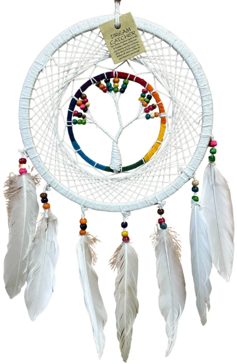 Dromenvanger Tree of Life Rainbow & White met regenboog kralen - 22 cm