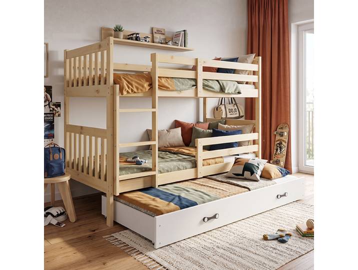 Etagenbett teilbar in 2 Einzelbetten Kacpar 90x190 cm Kiefer/Weiß - Stockbett umbaubar, mit 3. Schlafplatz in der Schublade & Rausfallschutz (beidsei