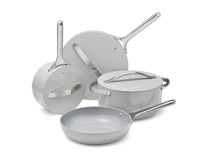 Caraway Keramik-Kochgeschirr-Set mit Antihaftbeschichtung, Aluminiumkern und Edelstahlgriffen, elegante Aufbewahrungslösungen im Lieferumfang enthalten, Grau