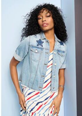 Plus Size Women's Embellished Short-Sleeve Stretch Denim Jacket by Roaman's in Embellished Stars (Size 12 W)