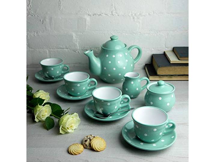 City to Cottage® - Keramik Tee Set für 4 Türkis und Weiß Polka Dots Handgemacht Keramik Teekanne 1,7 Liter, Milchkännchen, Zuckerdose, 4 Teetassen mit Untertassen