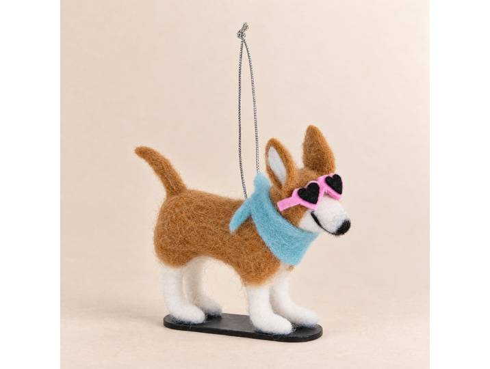 Weihnachtsschmuck-Hund mit Brille aus mehrfarbiger Wolle