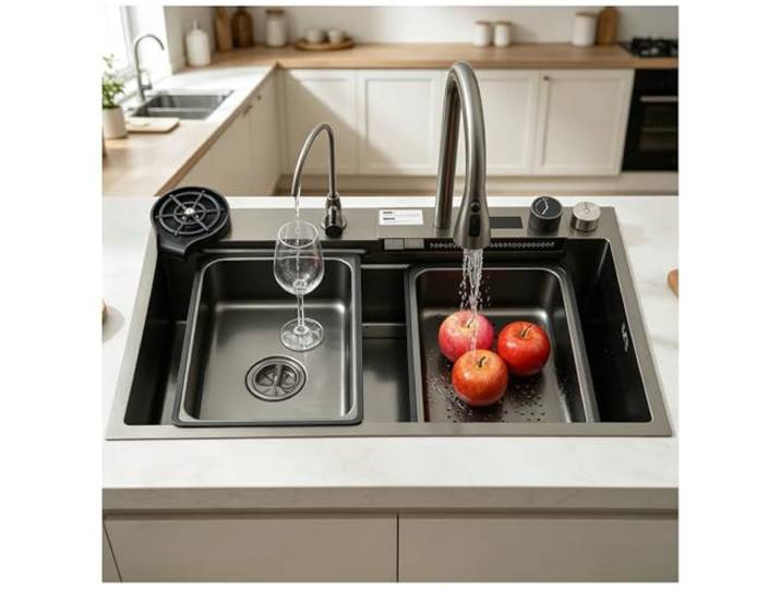 ASKLFNEI Schwarz Einbauspüle 85x45 cm, große Edelstahlspüle, Spülbecken Küche 1 Becken, Anzeige der Wassertemperatur Arbeitsplatz spüle, Mit Ausziehbarem Wasserhahn-Set(C,85x45x22cm)