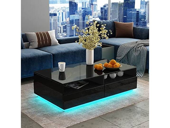 Senvoziii LED Couchtisch für Wohnzimmer, Beistelltisch Moderner Holztisch Schwarz Glanz Kaffeetisch, 4 Schubladen Lagerung für Zuhause