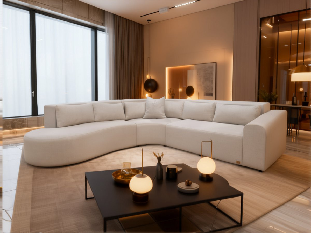 Monza Curve Sofa Creme Moderne L-vormige Bank met Losse Rugkussens