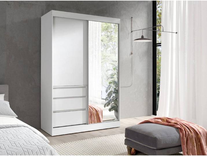 ROYAL24_MARKT Schwebetürenschrank Haiti Schwebetürenschrank 140 cm mit 2 Türen, Spiegel und 3 Schubladen