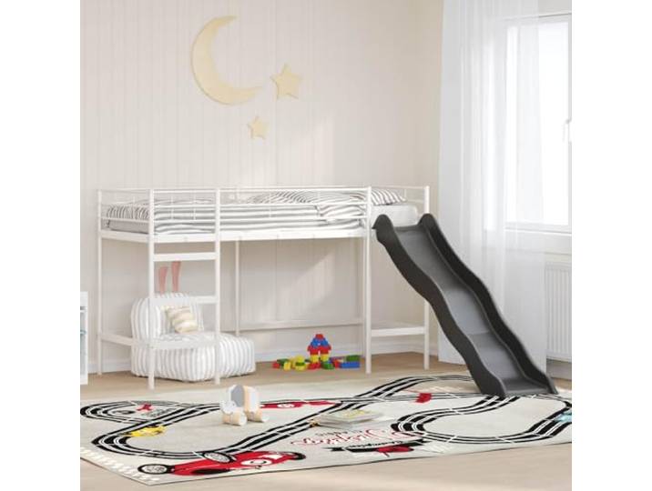 Stahlkonstruktion mit Rutsche modernes Design Hochbett Weiß 90 x 190 cm Kinder-Loftbett mit Rutsche Weiss und Anthrazit 90x190 cm Hochbett mit Stahlrahmen und Leiter fuer Kinderzimmer,