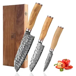 Zayiko Minami 3er Damastmesser-Set 9-17 cm Klingen I Olivenholzgriffe I Holzbox