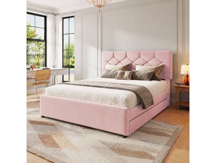 WUVRIE Lit rembourré 140 x 200 cm avec sommier à lattes et lit gigogne 90 x 190 cm velours rose sans matelas