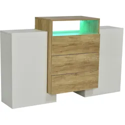 Merax Sideboard, Moderner Kommode, Schrank 140cm, Hochglanz-Weiß und Holzfarbe, Mehrfarbige LED-Lichteffekte