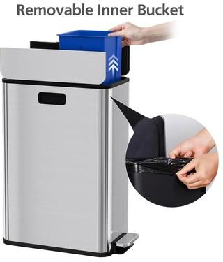 Garvee 15-Gallon Dual Trash Can, Step-On Pedal Kitchen Trash Bin with Butterfly Lid, Odor-Proof Stainless Steel Large Trash