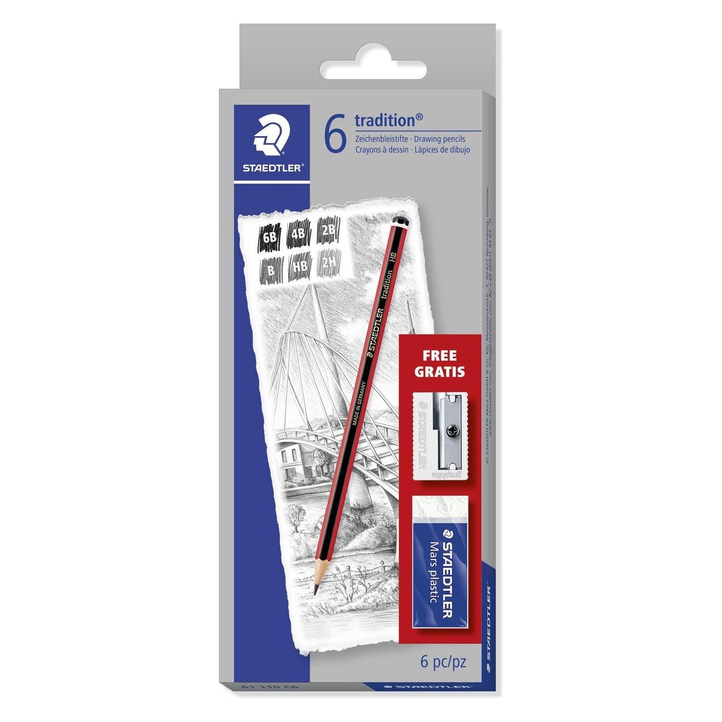 Staedtler Stedtler 6 pieštukų rinkinys TRADITION (įvairūs minkštumo ir kietumo laipsniai) + guminė dalis + tem (2B, 2H, 4B, 6B, B, HB, 6x) (TS61110C6)
