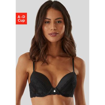Push-up-BH S.OLIVER "Adèle", Damen, Gr. 70, Cup C, schwarz, Microtouch, Obermaterial: 71% Polyamid, 17% Polyester, 12% Elasthan, festlich, BHs Push-up-BH, mit graphischer Spitze und Metallaccessoire, Dessous