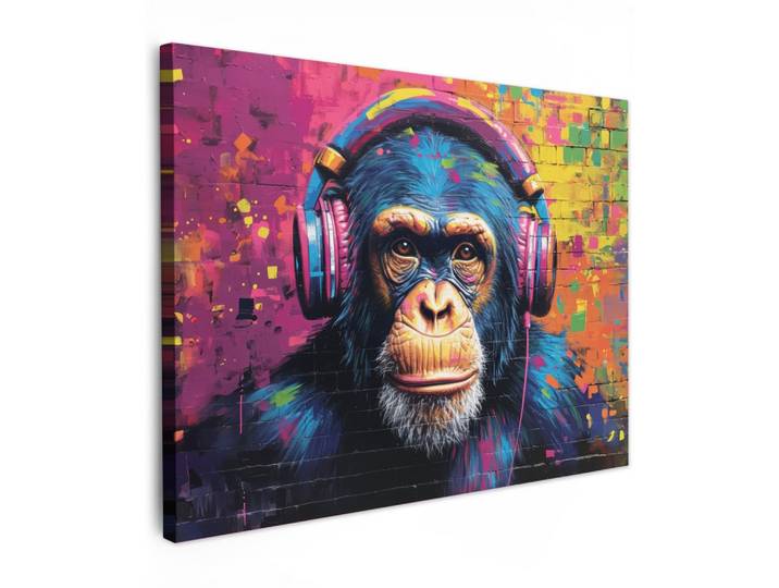 LEINWANDBILD Graffiti - Schimpanse - Straßenkunst - Kopfhörer - Affe Wandbilder 80x60 cm