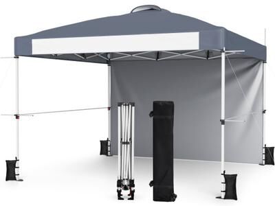Costway 10 x 10 Feet Foldable Commercial Pop-up Canopy with Roller Bag and Banner Strip-Gray