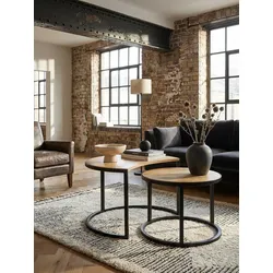 Couchtisch 2er Set Mango Massivholz Metall Rund Industrial, Hellbraun 41x60x41 cm