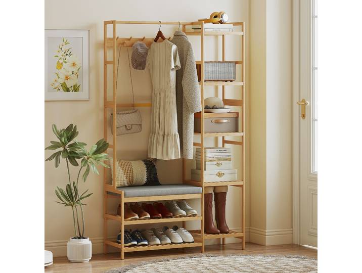 HOMCOM Porte-Manteaux Banc Bois Naturel avec Étagère et Crochets