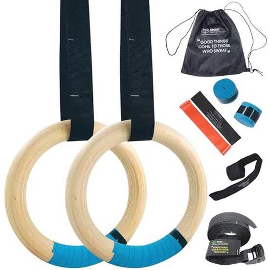 Famanu Gymnastikringen aus Holz mit verstellbaren Riemen und Antirutsch-Handtapes - Ideal für Zuhause und im Freien