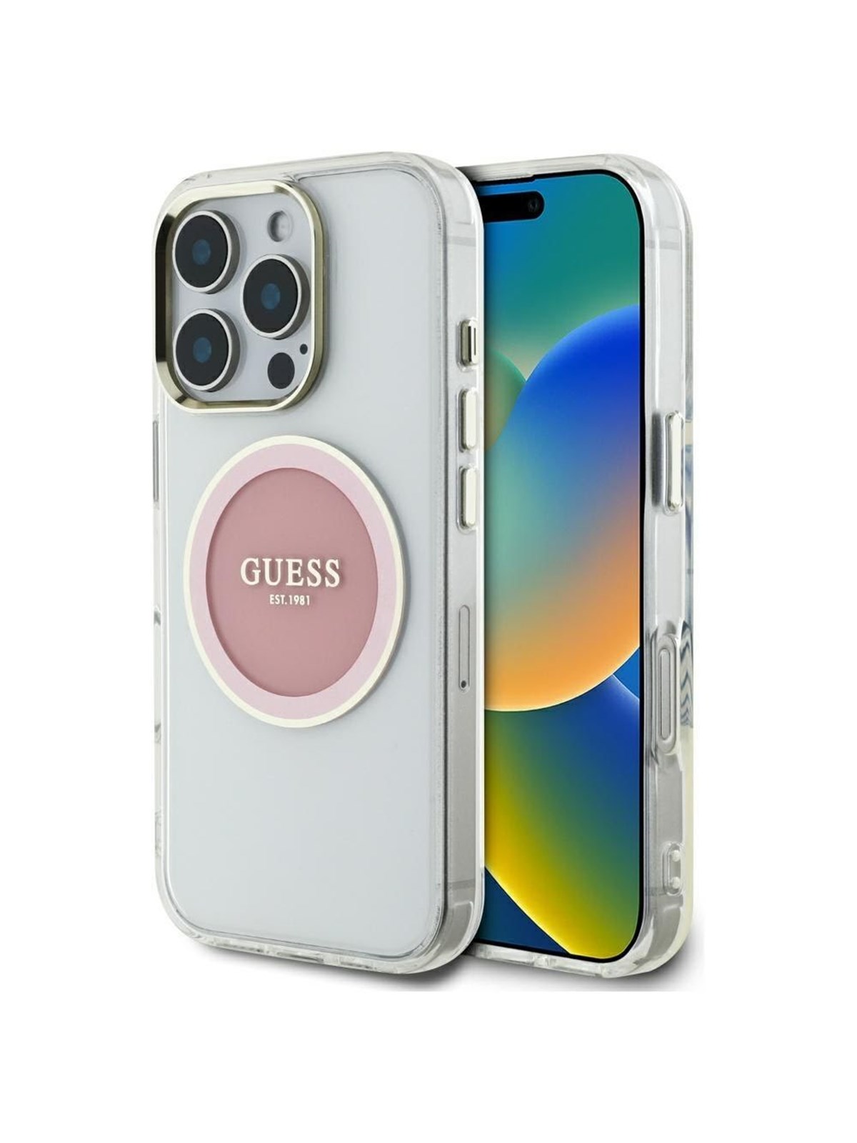 GUESS IML Metal Colored Circle Classic Logo MagSafe iPhone 16 Pro Case - Pink