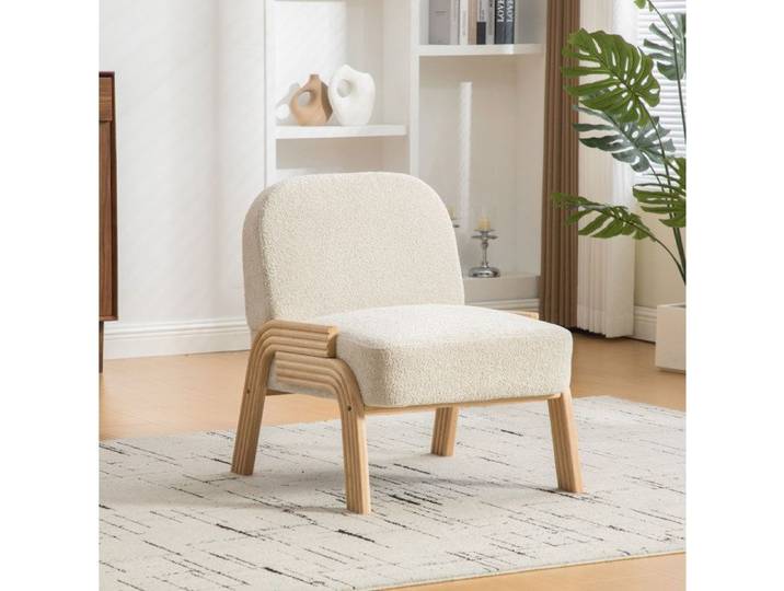 Fauteuil lounge scandinave en chenille beige sans accoudoirs structure en bois massif