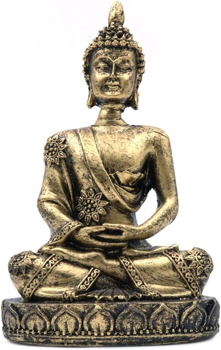 EGoods Boeddha standbeeld sculptuur in zandstenen tint met antieke messing afwerking, 25 cm